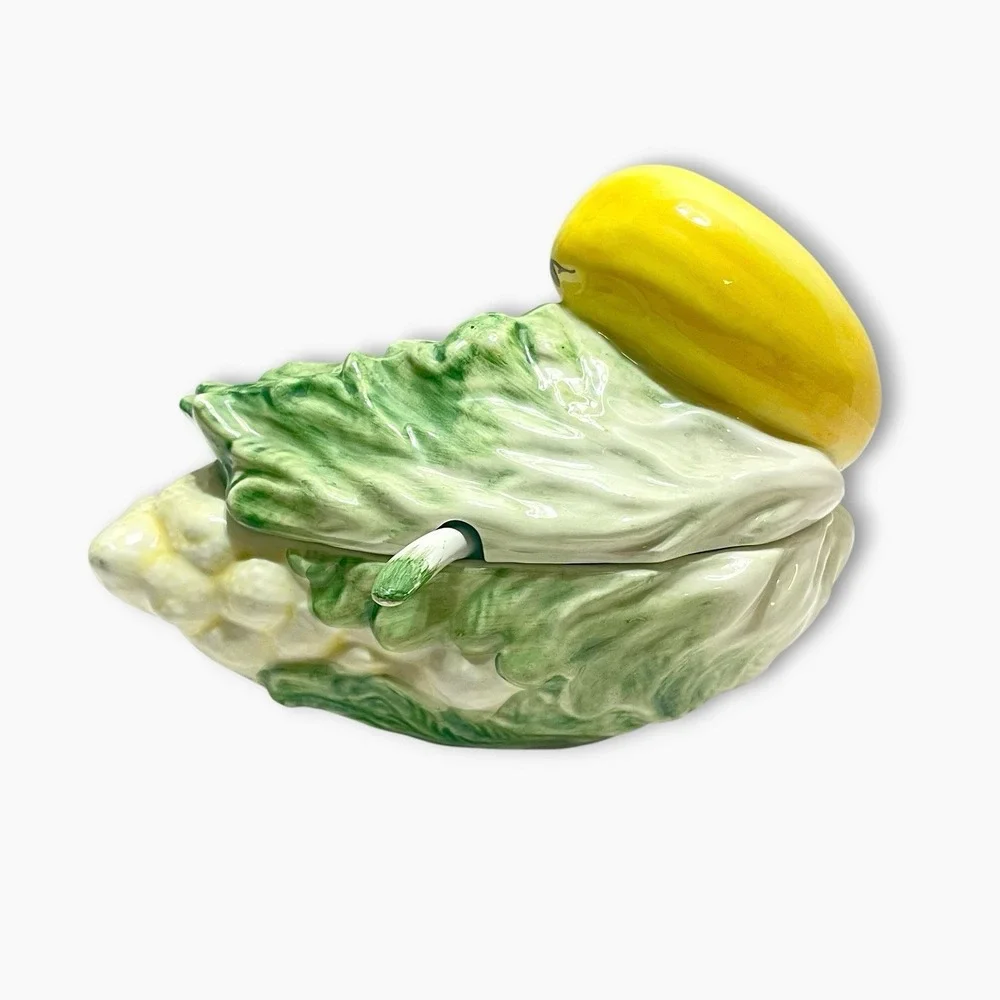 Vintage Italian Majolica Duck Goose Cabbage Cauliflower Tureen Lid Spoon